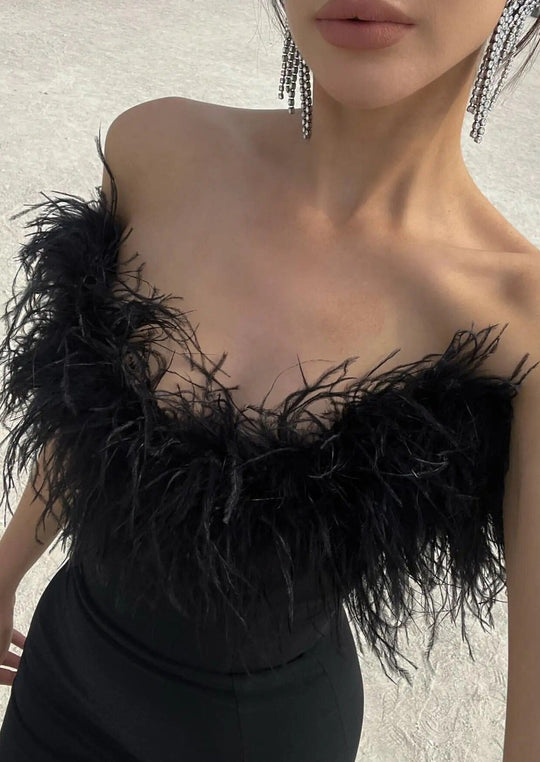 Fjolla – Feathered Elegance Strapless Gown