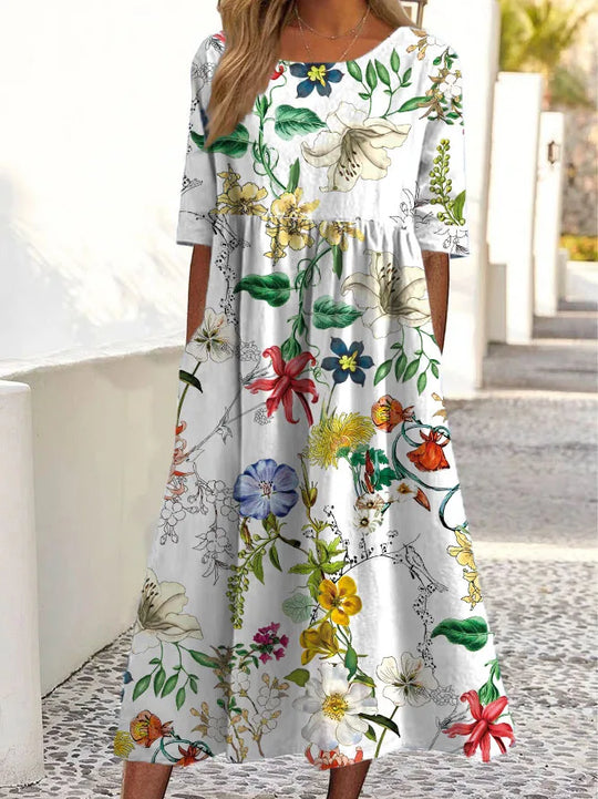 Elira – Floral Midi Dress with Elbow Sleeves