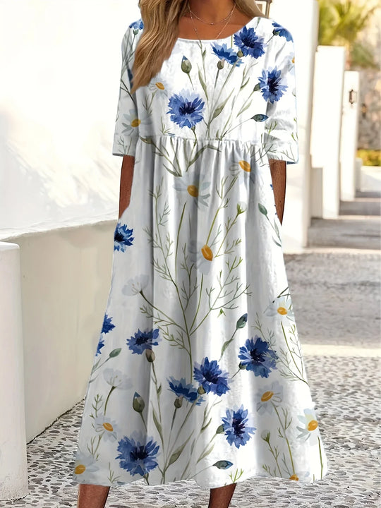 Elira – Floral Midi Dress with Elbow Sleeves