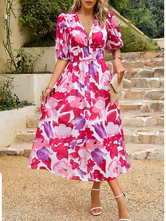Elvessa – Printed Puff Sleeve Wrap Midi Dress for Women