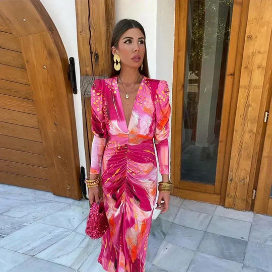 Serava – Sunset Swirl Draped Midi Dress for Women