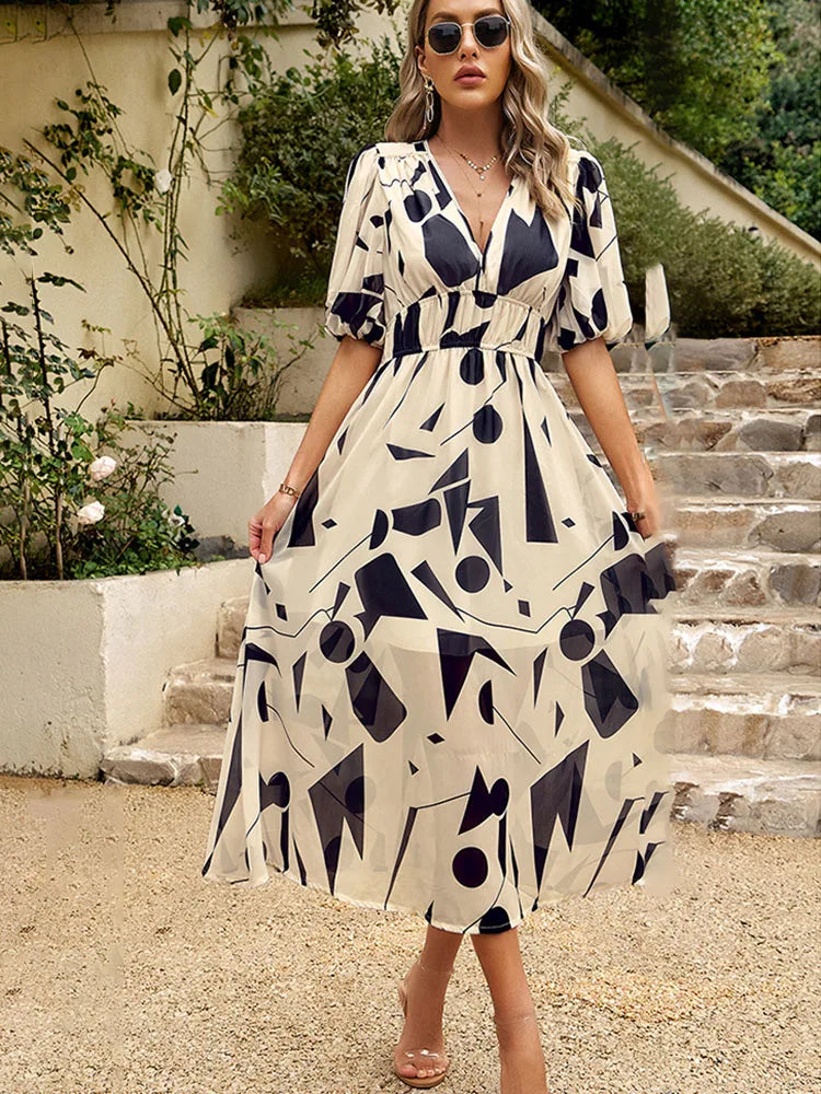 Elvessa – Printed Puff Sleeve Wrap Midi Dress for Women