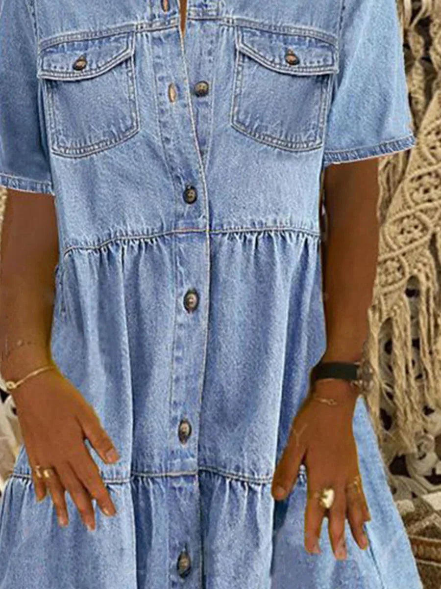 Melvaya – Tiered Button-Down Denim Dress for Women