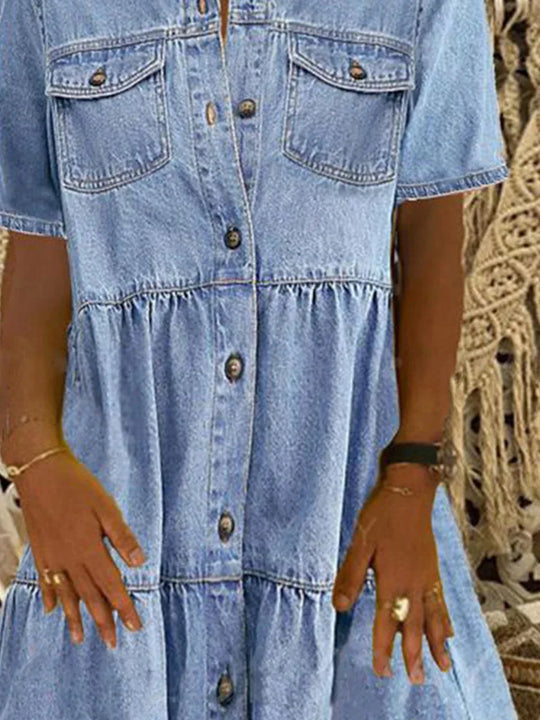 Melvaya – Tiered Button-Down Denim Dress for Women