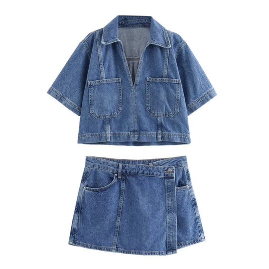 Albina – Two-Piece Collared Denim Top & Skirt Set for Women