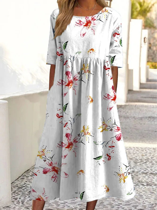 Elira – Floral Midi Dress with Elbow Sleeves