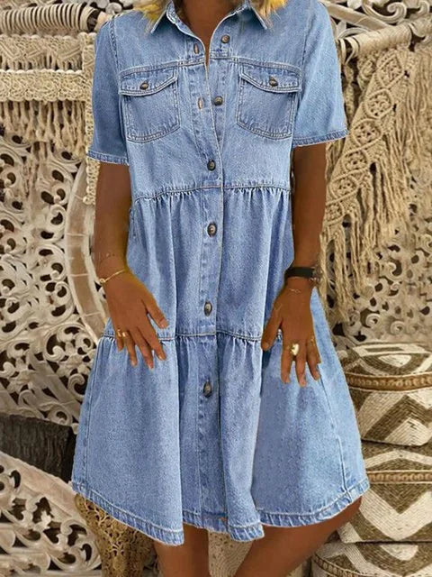 Melvaya – Tiered Button-Down Denim Dress for Women