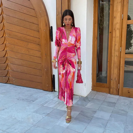 Serava – Sunset Swirl Draped Midi Dress for Women