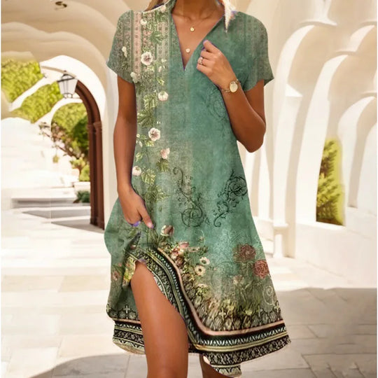 Liorae – Boho Floral Split-Neck Mini Dress for Women