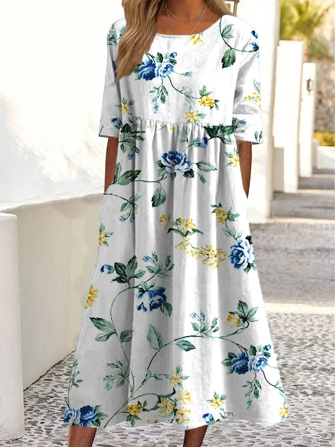 Elira – Floral Midi Dress with Elbow Sleeves