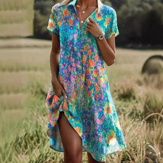 Liorae – Boho Floral Split-Neck Mini Dress for Women