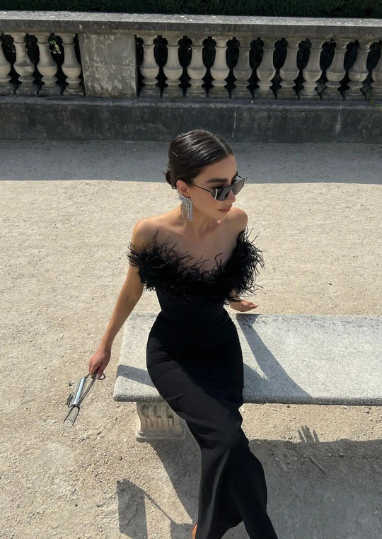 Fjolla – Feathered Elegance Strapless Gown