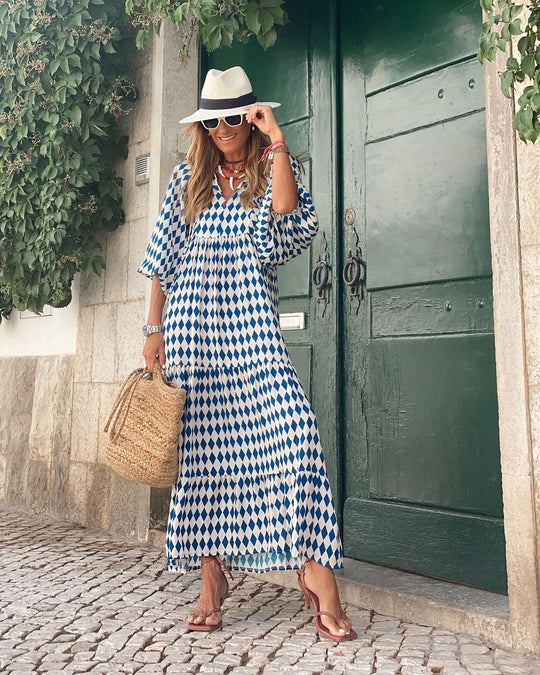 Solviera – Boho Geometric Print Maxi Kaftan Dress for Women