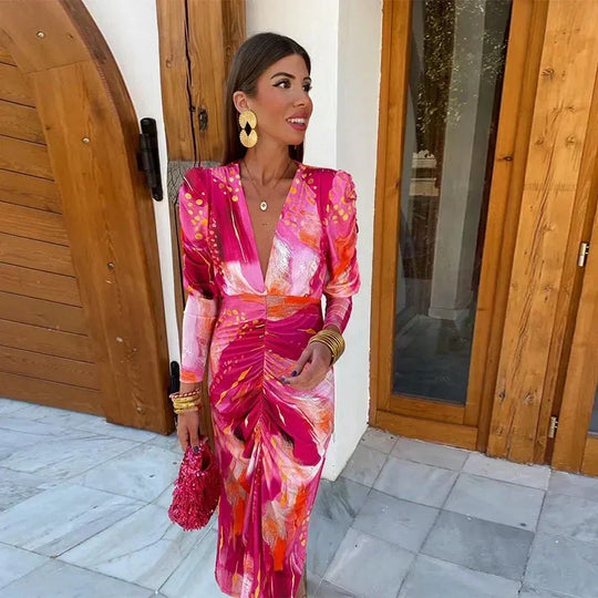 Serava – Sunset Swirl Draped Midi Dress for Women