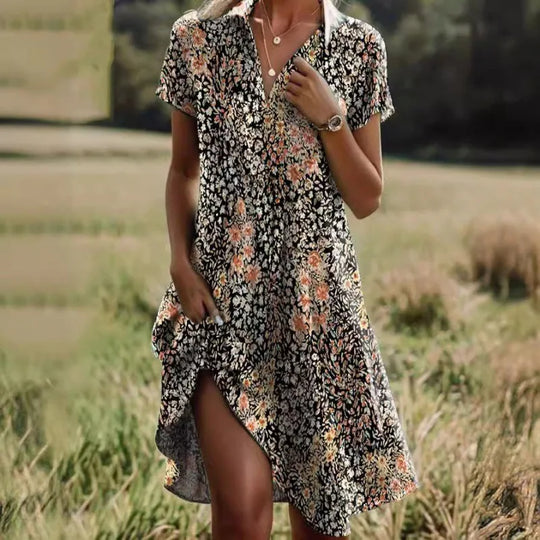 Liorae – Boho Floral Split-Neck Mini Dress for Women