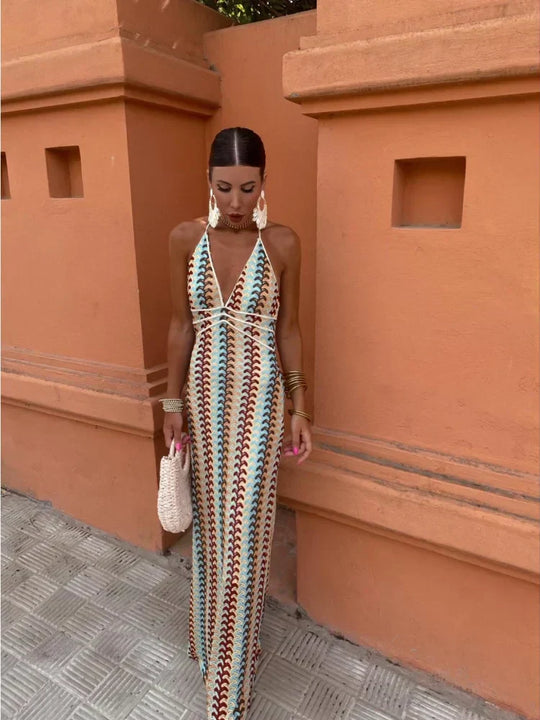 Calivana – Retro Wave Crochet Maxi Dress for Women