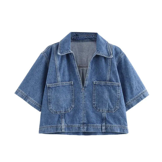 Albina – Two-Piece Collared Denim Top & Skirt Set for Women