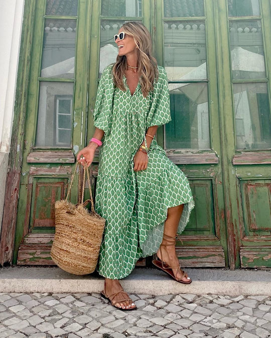 Solviera – Boho Geometric Print Maxi Kaftan Dress for Women