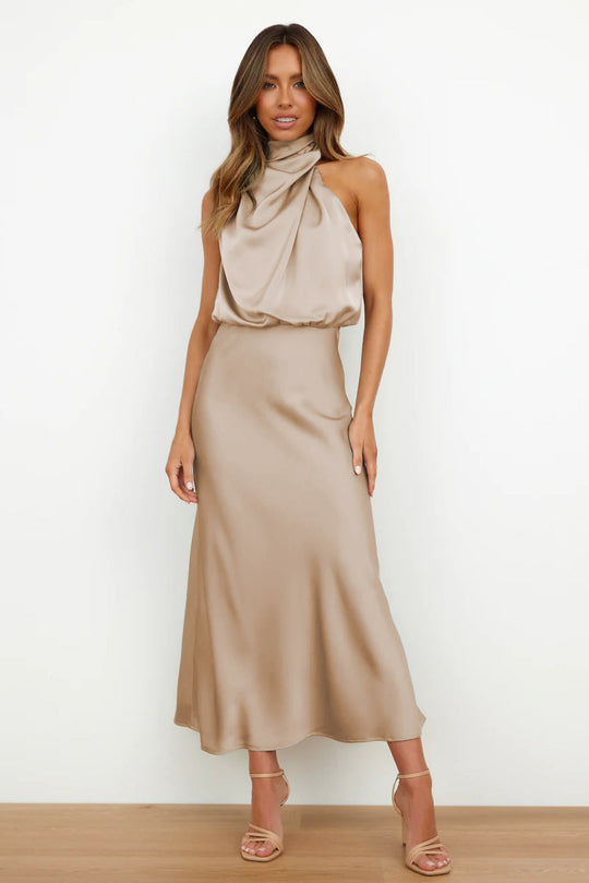 Selvanna – Satin Halter Neck Midi Dress for Women
