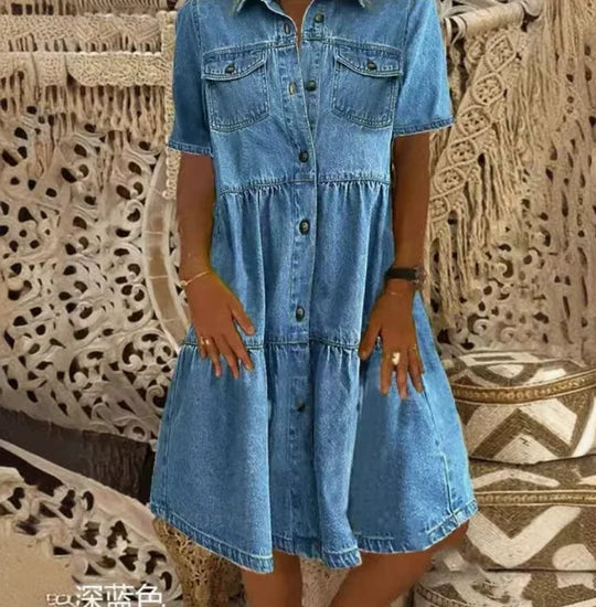 Melvaya – Tiered Button-Down Denim Dress for Women