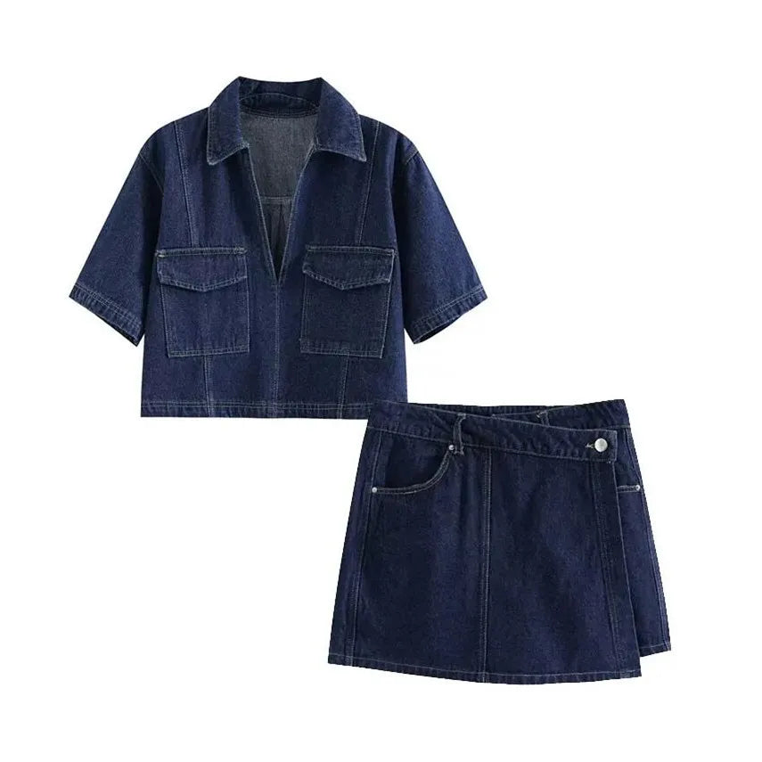 Albina – Two-Piece Collared Denim Top & Skirt Set for Women