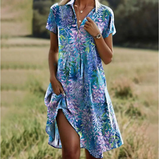 Liorae – Boho Floral Split-Neck Mini Dress for Women