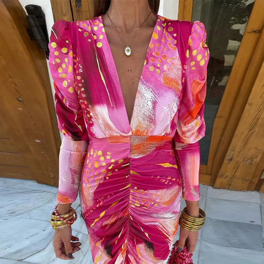 Serava – Sunset Swirl Draped Midi Dress for Women