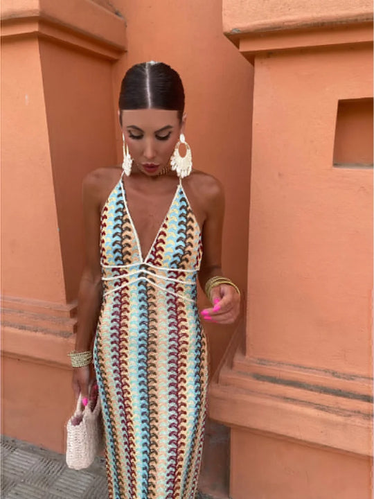 Calivana – Retro Wave Crochet Maxi Dress for Women