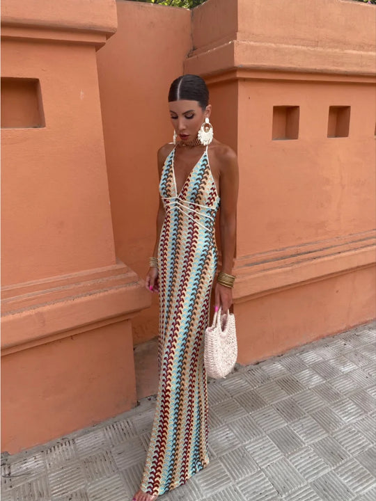 Calivana – Retro Wave Crochet Maxi Dress for Women