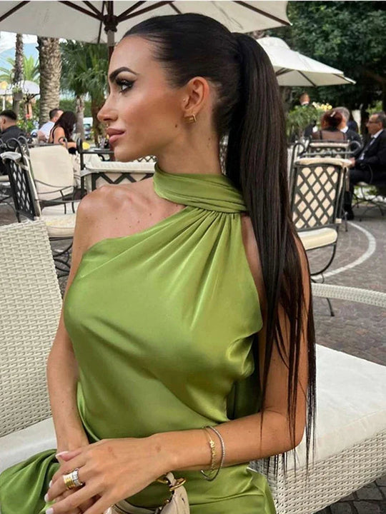 Solmira – One-Shoulder Scarf-Train Satin Gown for Women
