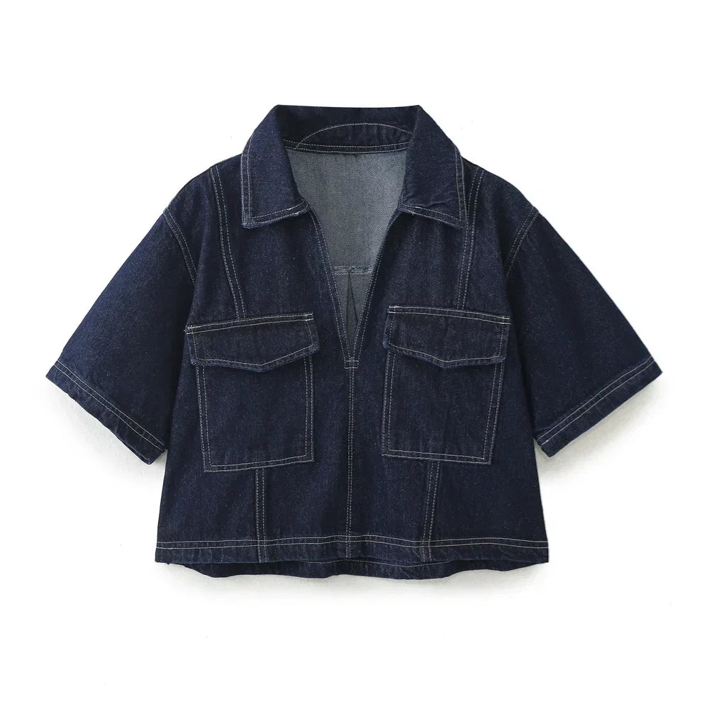 Albina – Two-Piece Collared Denim Top & Skirt Set for Women