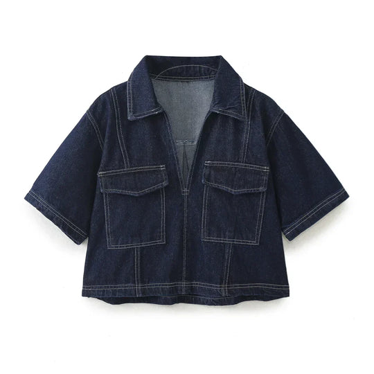 Albina – Two-Piece Collared Denim Top & Skirt Set for Women