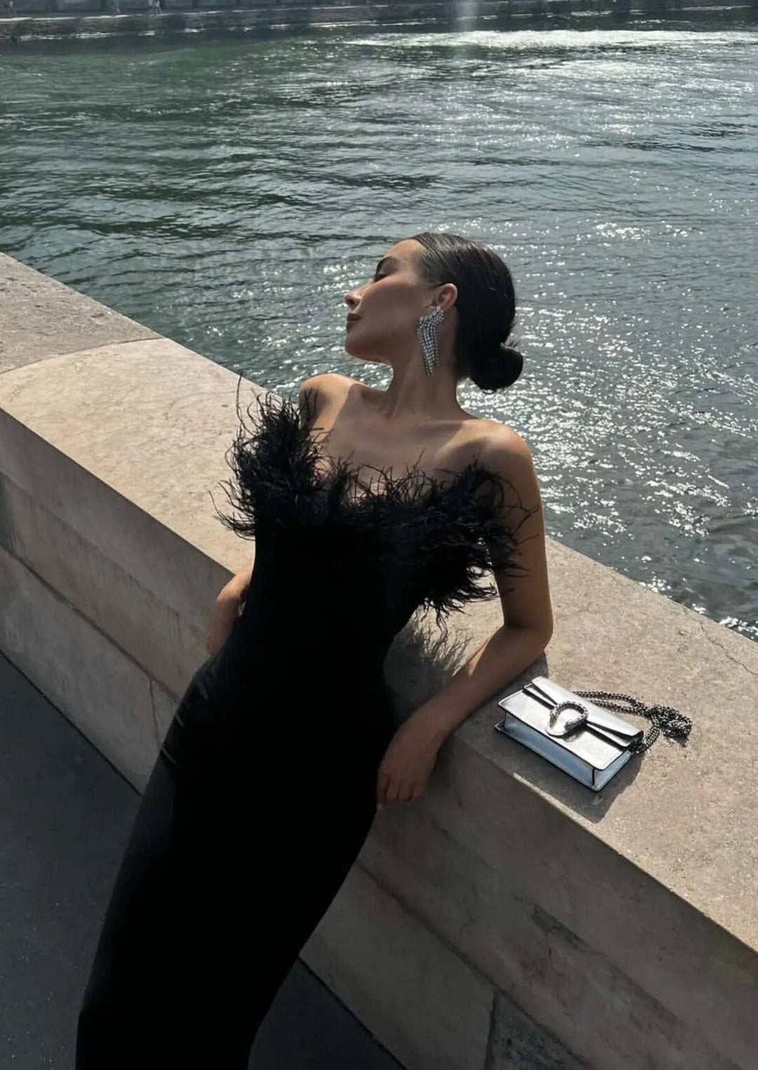 Fjolla – Feathered Elegance Strapless Gown