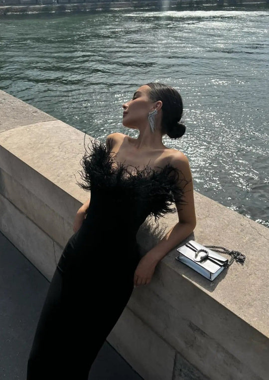 Fjolla – Feathered Elegance Strapless Gown