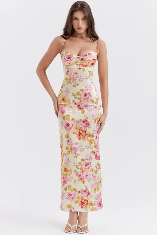 Floreline – Satin Floral Corset Midi Dress for Women