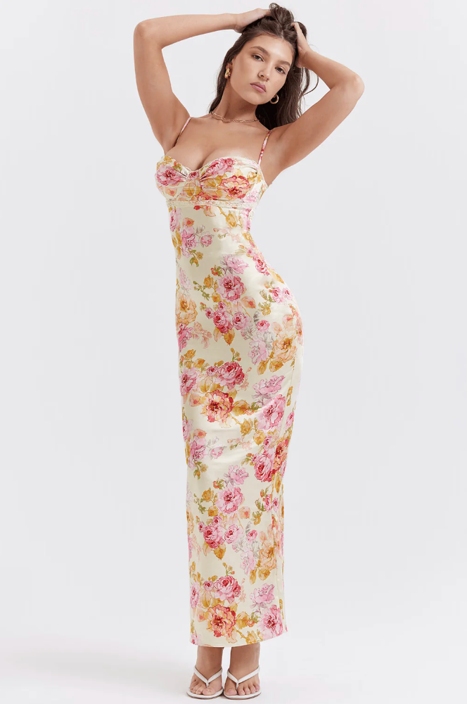 Floreline – Satin Floral Corset Midi Dress for Women