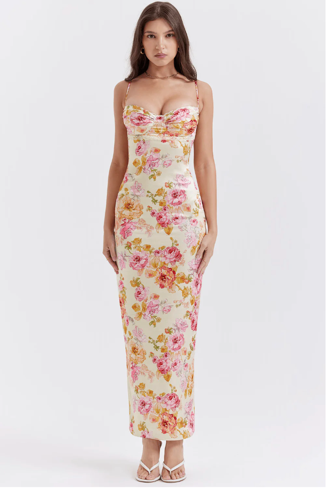 Floreline – Satin Floral Corset Midi Dress for Women