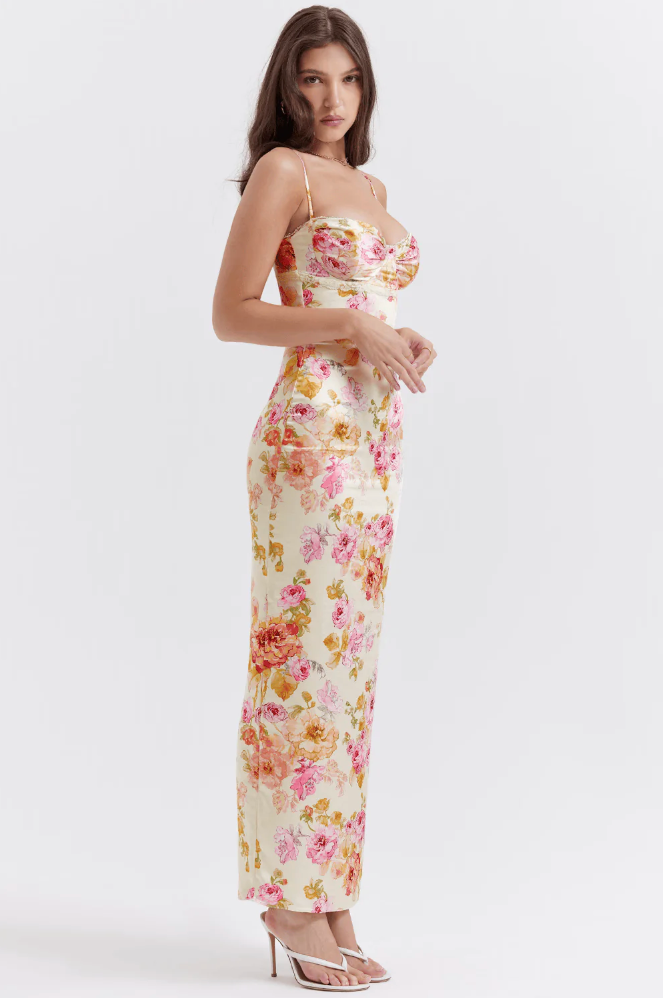 Floreline – Satin Floral Corset Midi Dress for Women