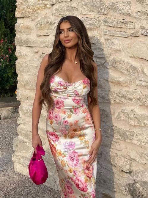 Floreline – Satin Floral Corset Midi Dress for Women