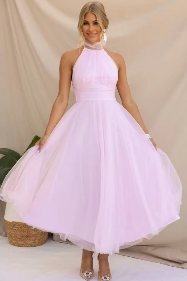 Avelisse – Halter Tulle Tea-Length Dress for Women