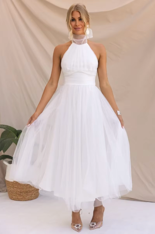Avelisse – Halter Tulle Tea-Length Dress for Women