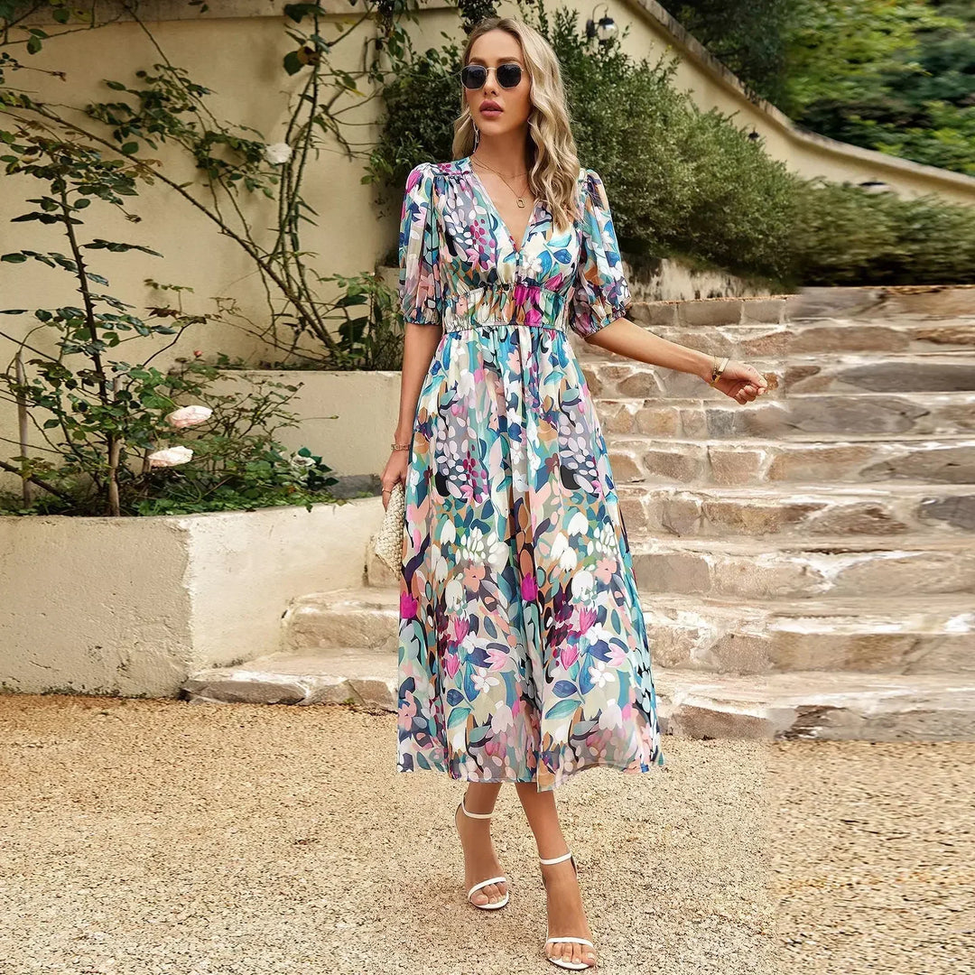 Elvessa – Printed Puff Sleeve Wrap Midi Dress for Women