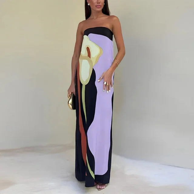 Auravine – Strapless Abstract Print Maxi Dress for Women