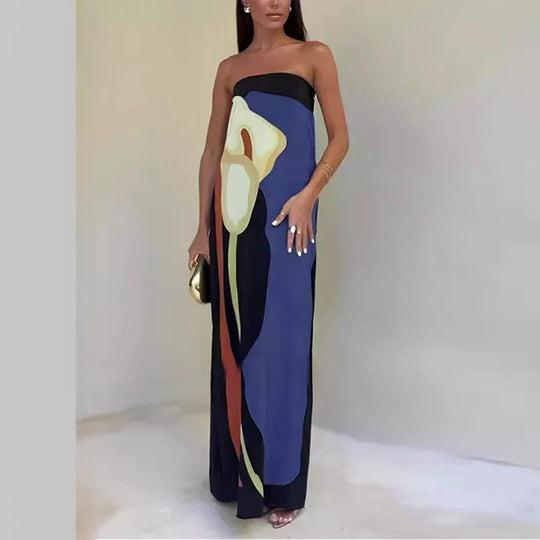Auravine – Strapless Abstract Print Maxi Dress for Women