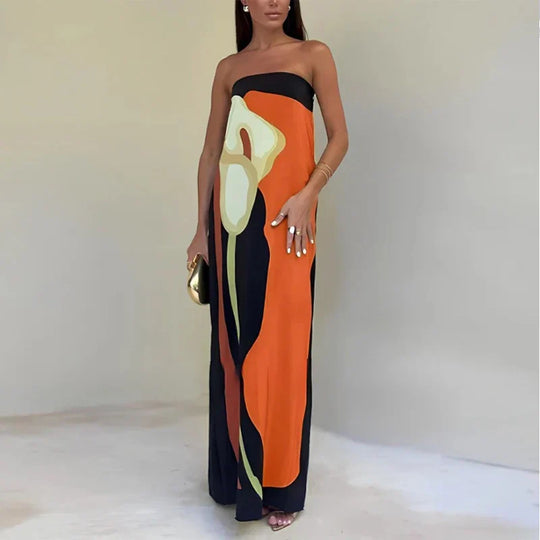 Auravine – Strapless Abstract Print Maxi Dress for Women