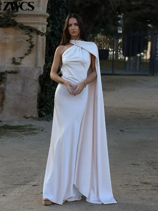Solmira – One-Shoulder Scarf-Train Satin Gown for Women