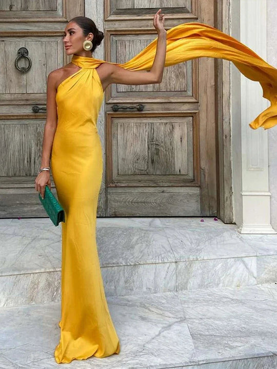 Solmira – One-Shoulder Scarf-Train Satin Gown for Women