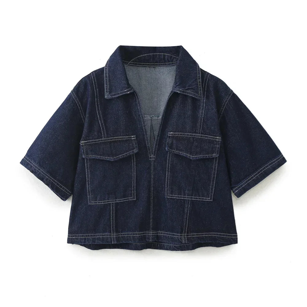 Albina – Two-Piece Collared Denim Top & Skirt Set for Women