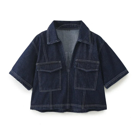 Albina – Two-Piece Collared Denim Top & Skirt Set for Women