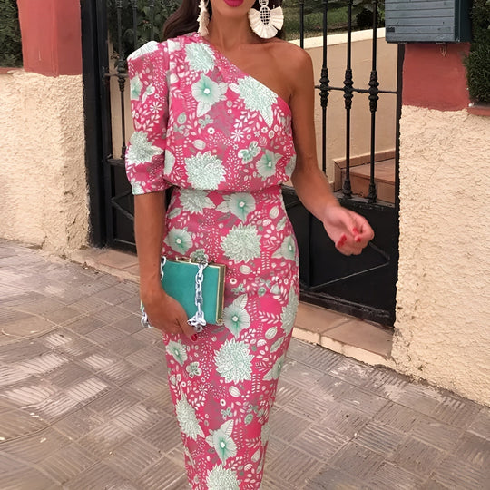 Floreza – One-Shoulder Bloom Midi Dress for Women